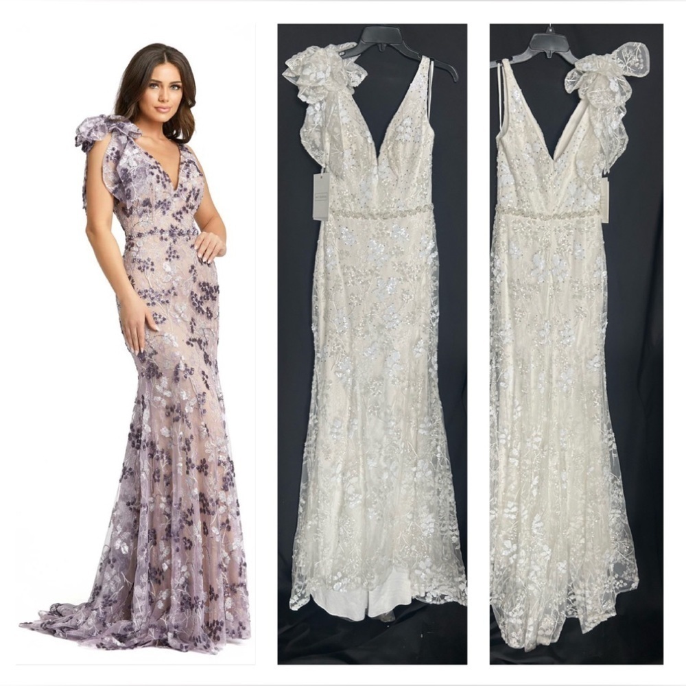 Rare 1/1 Mac Duggal 79301 NWT Sequin Floral Bow Shoulder Trumpet Gown in White
